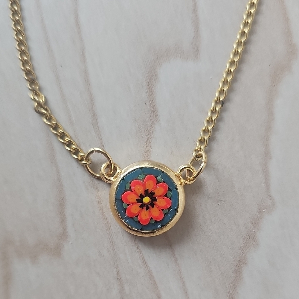 Gold Chain Necklace with Red and Black Flower Pendant - Picture 3 of 4